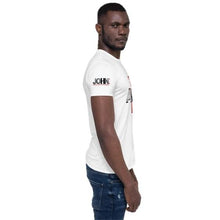 Load image into Gallery viewer, Male model turned to the side displaying John 3:3 seeking reBirth and HIs kingdom on his right sleeve.